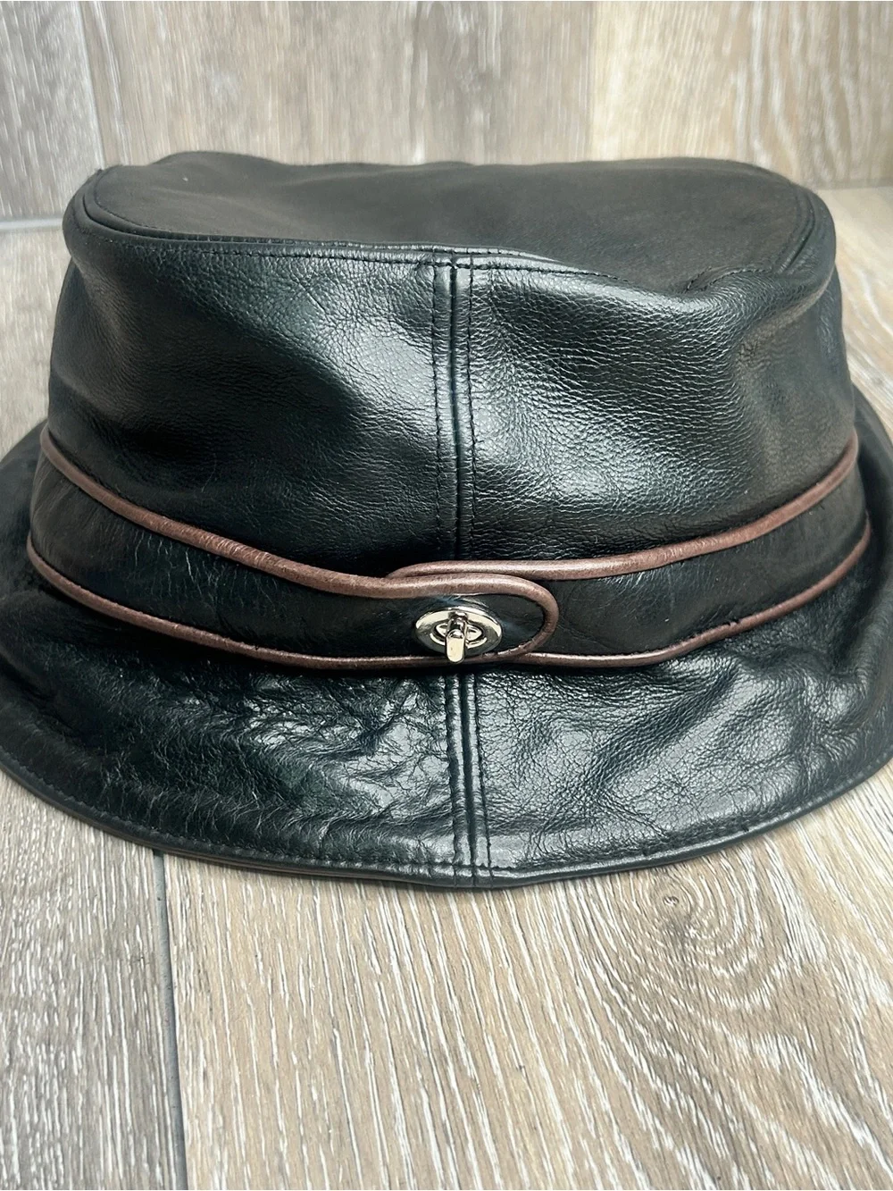 Vintage Coach Leather Bucket Hat Black with Brown Accent Band
